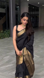 Traditional Black Silk Saree with Gold Zari Border