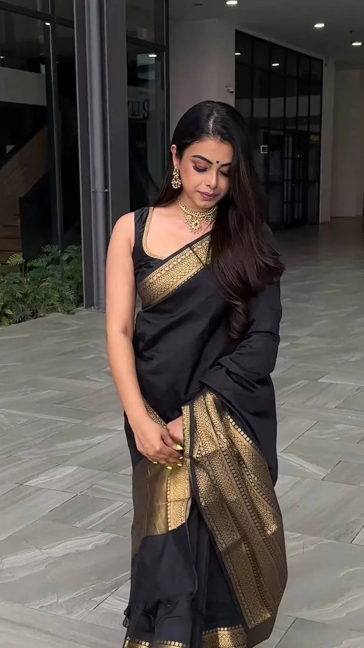 Traditional Black Silk Saree with Gold Zari Border