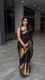 Traditional Black Silk Saree with Gold Zari Border