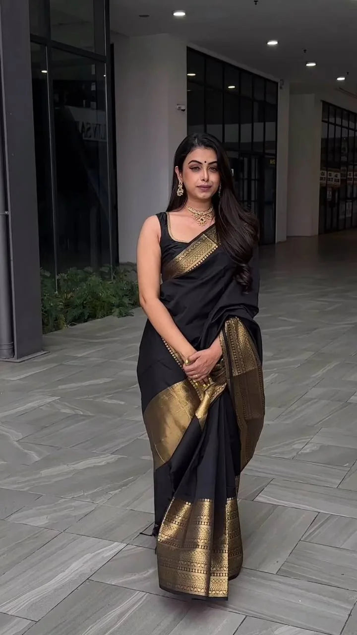 Traditional Black Silk Saree with Gold Zari Border