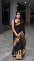 Traditional Black Silk Saree with Gold Zari Border