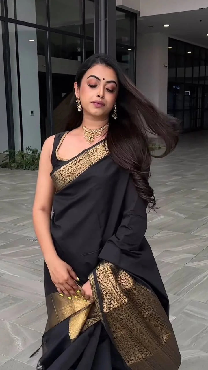 Traditional Black Silk Saree with Gold Zari Border