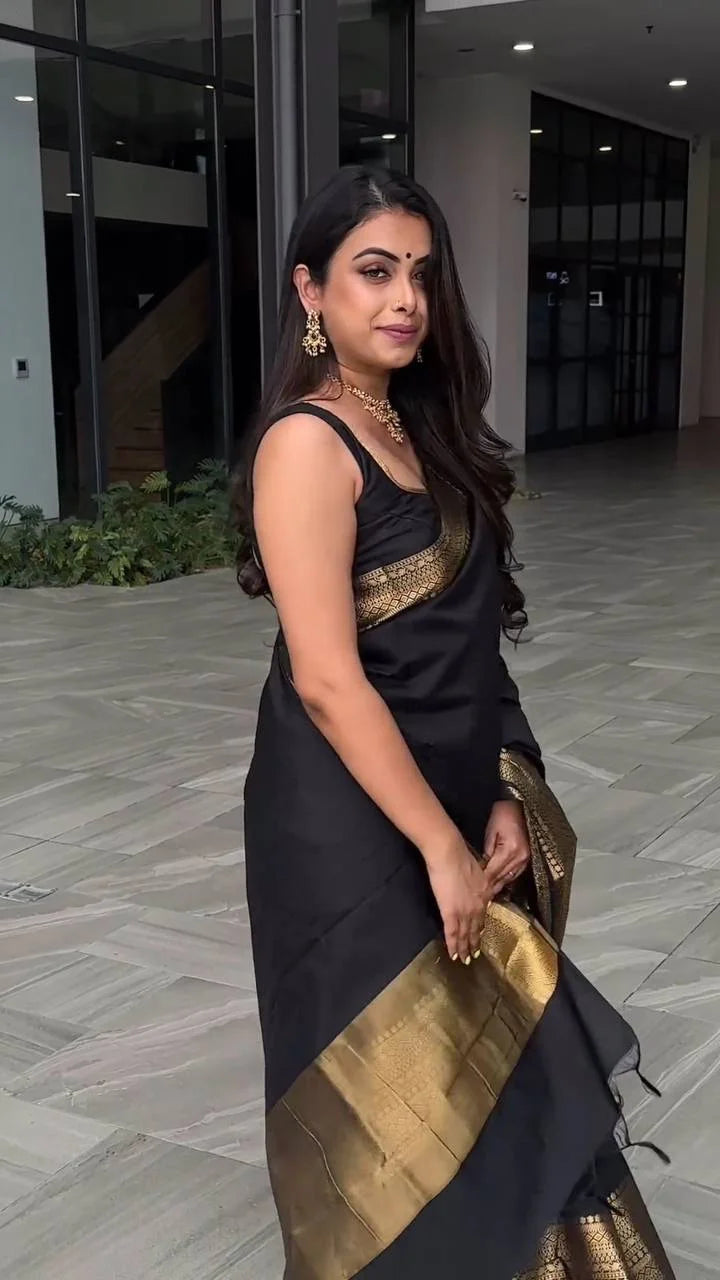 Traditional Black Silk Saree with Gold Zari Border
