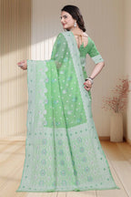 Traditional Linen Cotton Saree with Silver Polka Dots, Floral Border