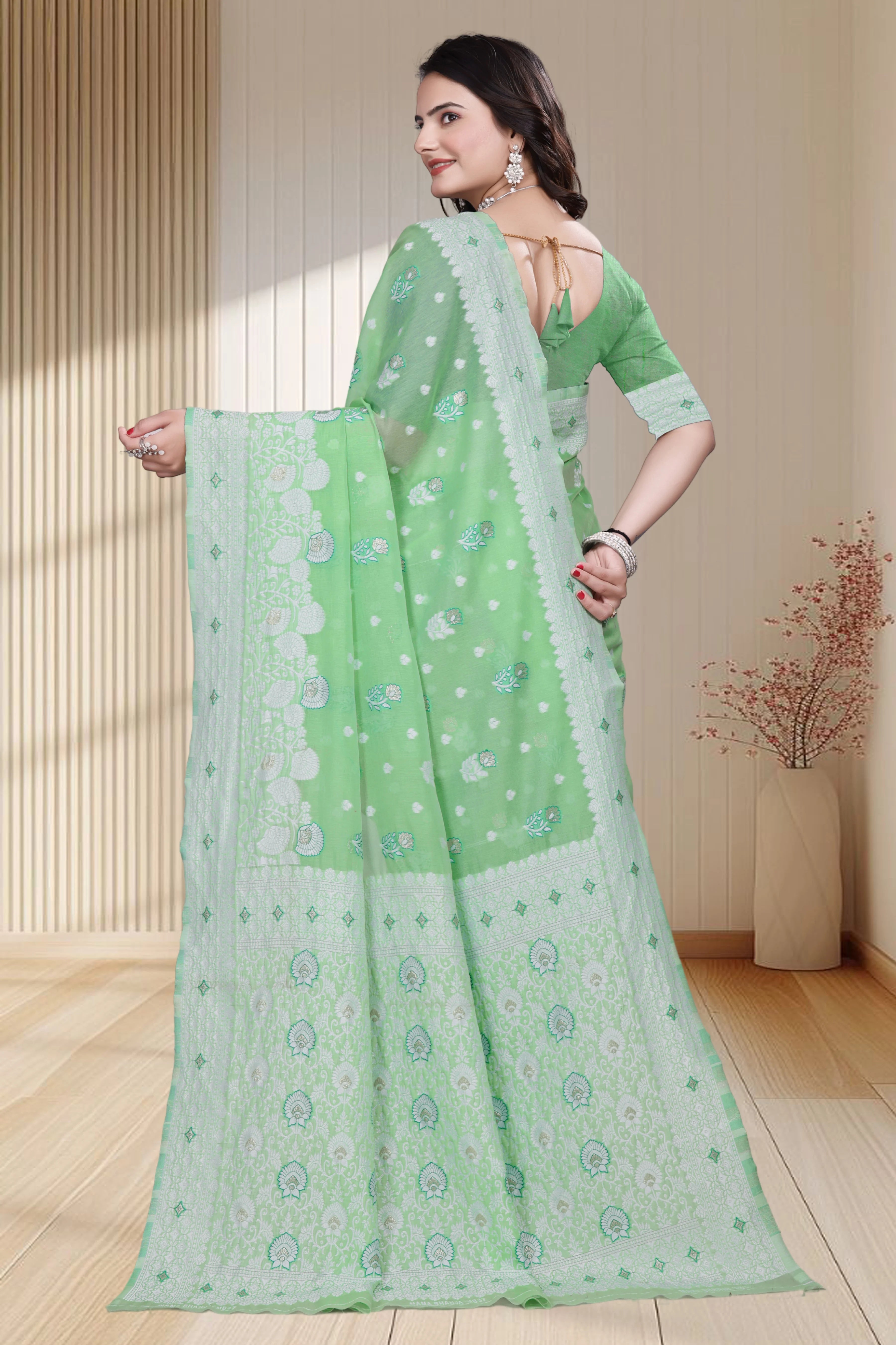 Traditional Linen Cotton Saree with Silver Polka Dots, Floral Border