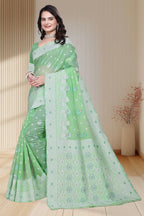 Traditional Linen Cotton Saree with Silver Polka Dots, Floral Border