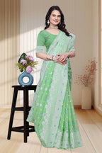 Traditional Linen Cotton Saree with Silver Polka Dots, Floral Border