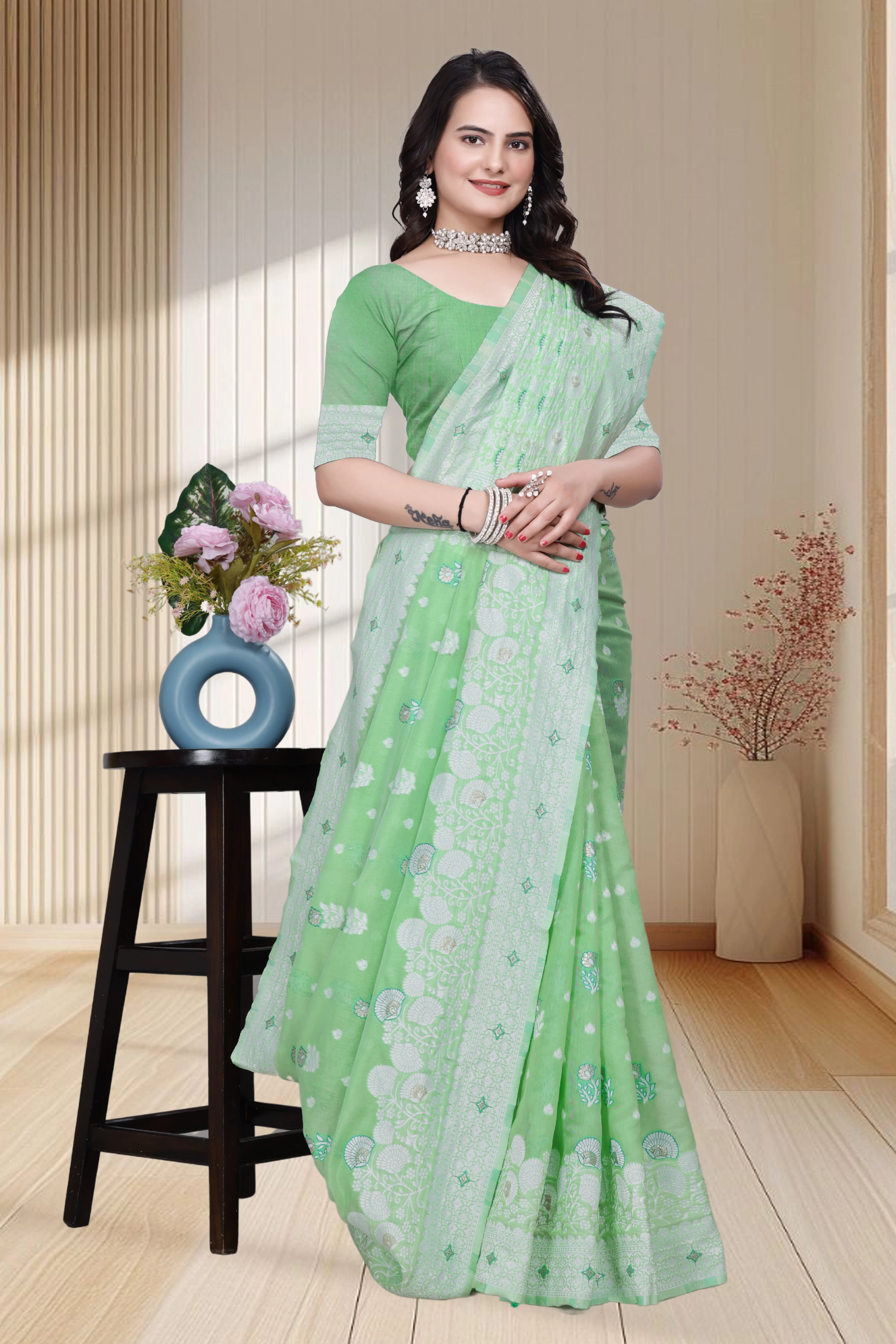 Traditional Linen Cotton Saree with Silver Polka Dots, Floral Border