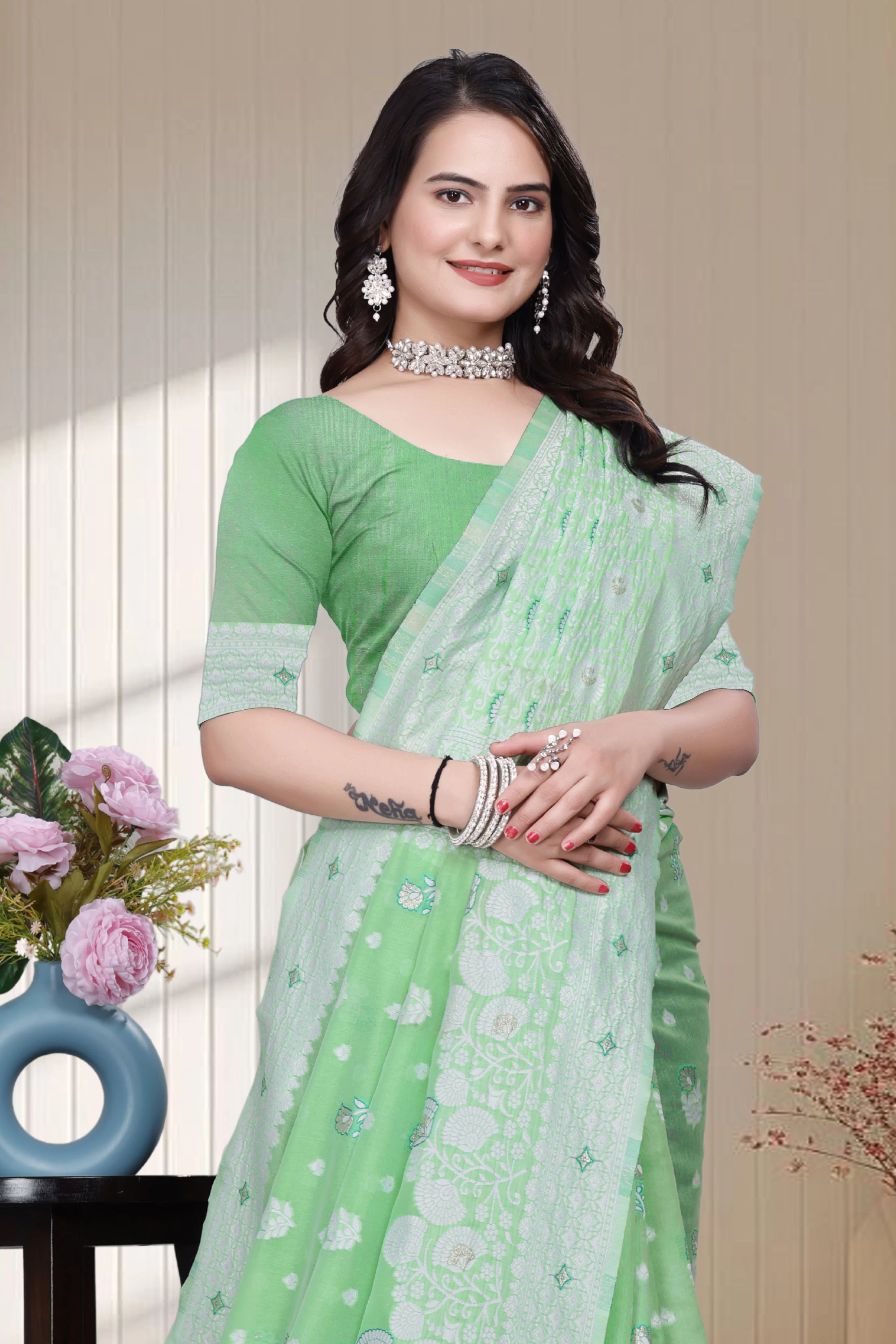 Traditional Linen Cotton Saree with Silver Polka Dots, Floral Border