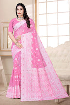 Traditional Linen Cotton Saree with Silver Polka Dots, Floral Border