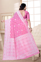Traditional Linen Cotton Saree with Silver Polka Dots, Floral Border