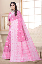 Traditional Linen Cotton Saree with Silver Polka Dots, Floral Border