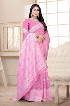 Traditional Linen Cotton Saree with Silver Polka Dots, Floral Border
