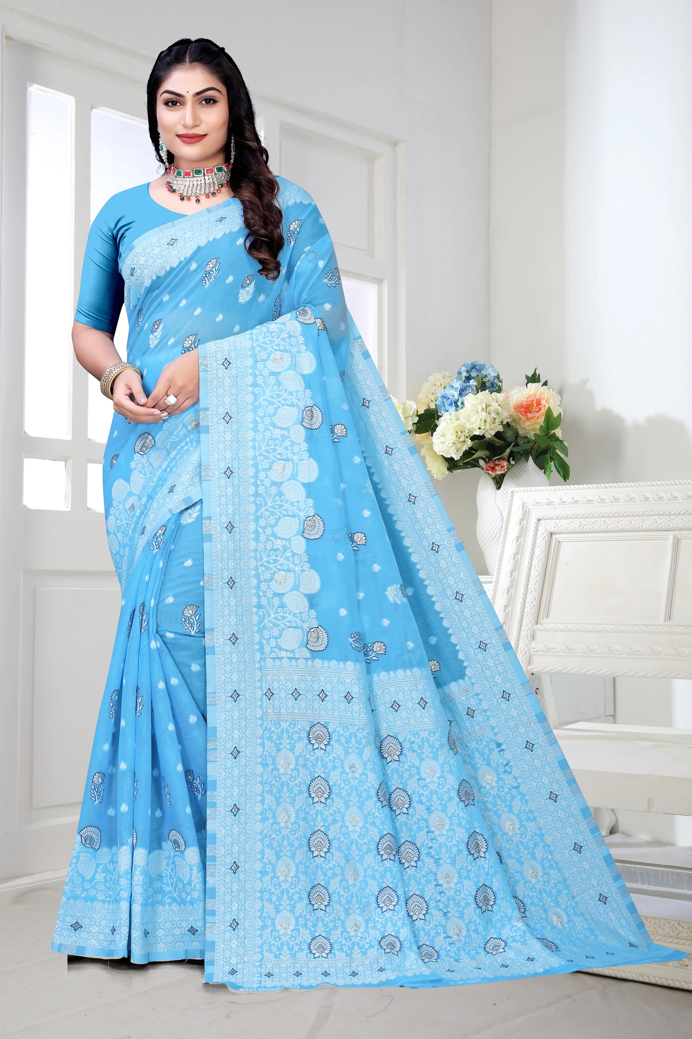 Traditional Linen Cotton Saree with Silver Polka Dots, Floral Border