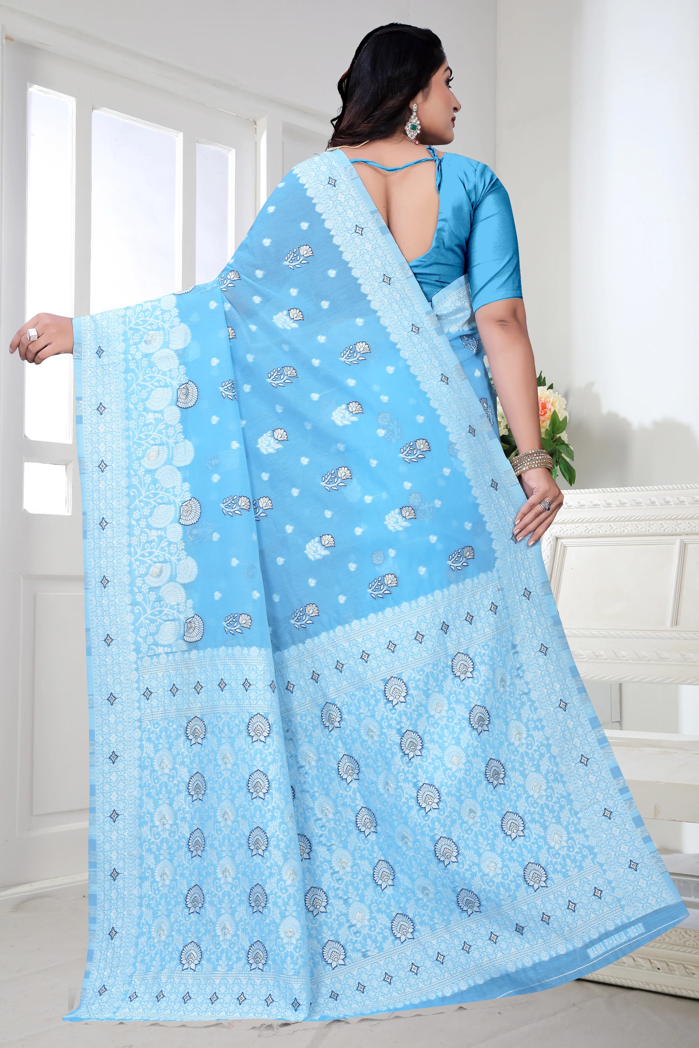 Traditional Linen Cotton Saree with Silver Polka Dots, Floral Border