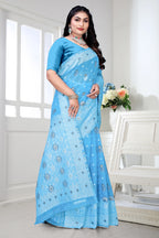 Traditional Linen Cotton Saree with Silver Polka Dots, Floral Border