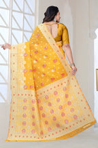 Traditional Linen Cotton Saree with Silver Polka Dots, Floral Border