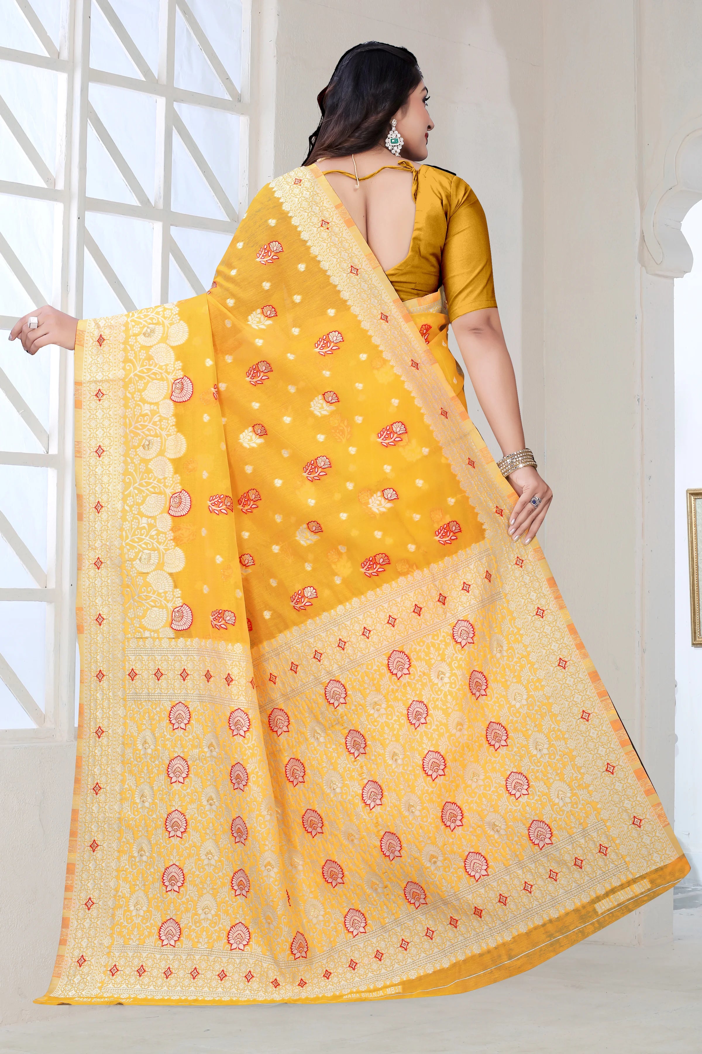 Traditional Linen Cotton Saree with Silver Polka Dots, Floral Border