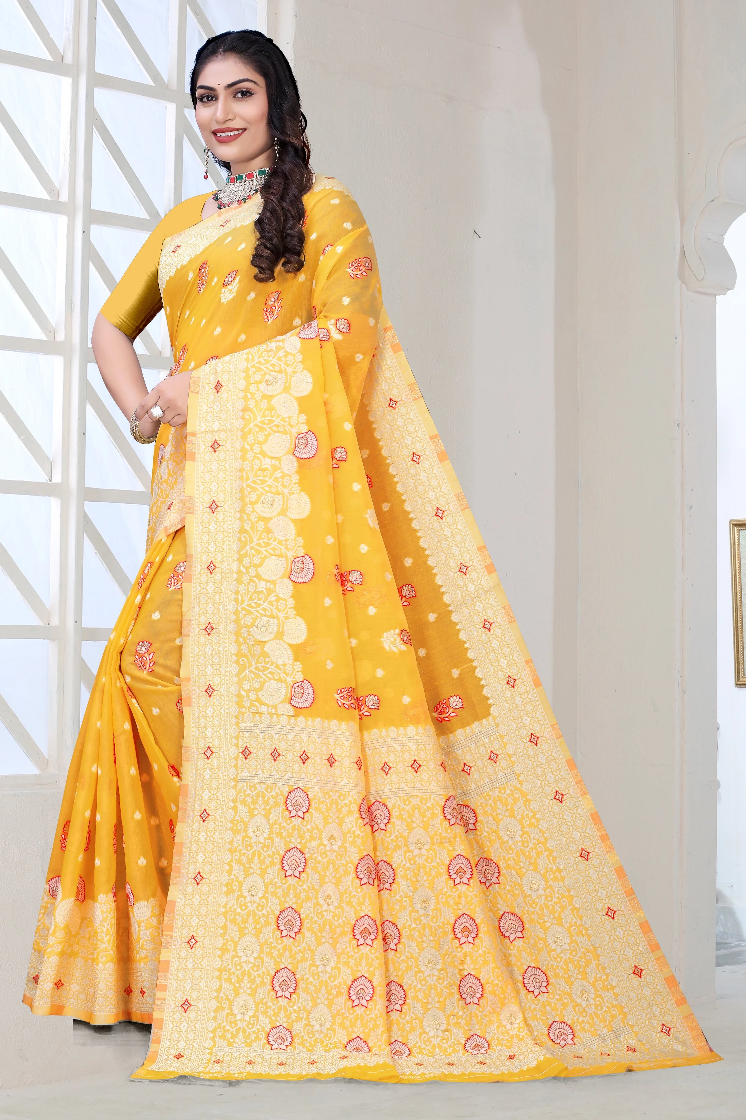 Traditional Linen Cotton Saree with Silver Polka Dots, Floral Border