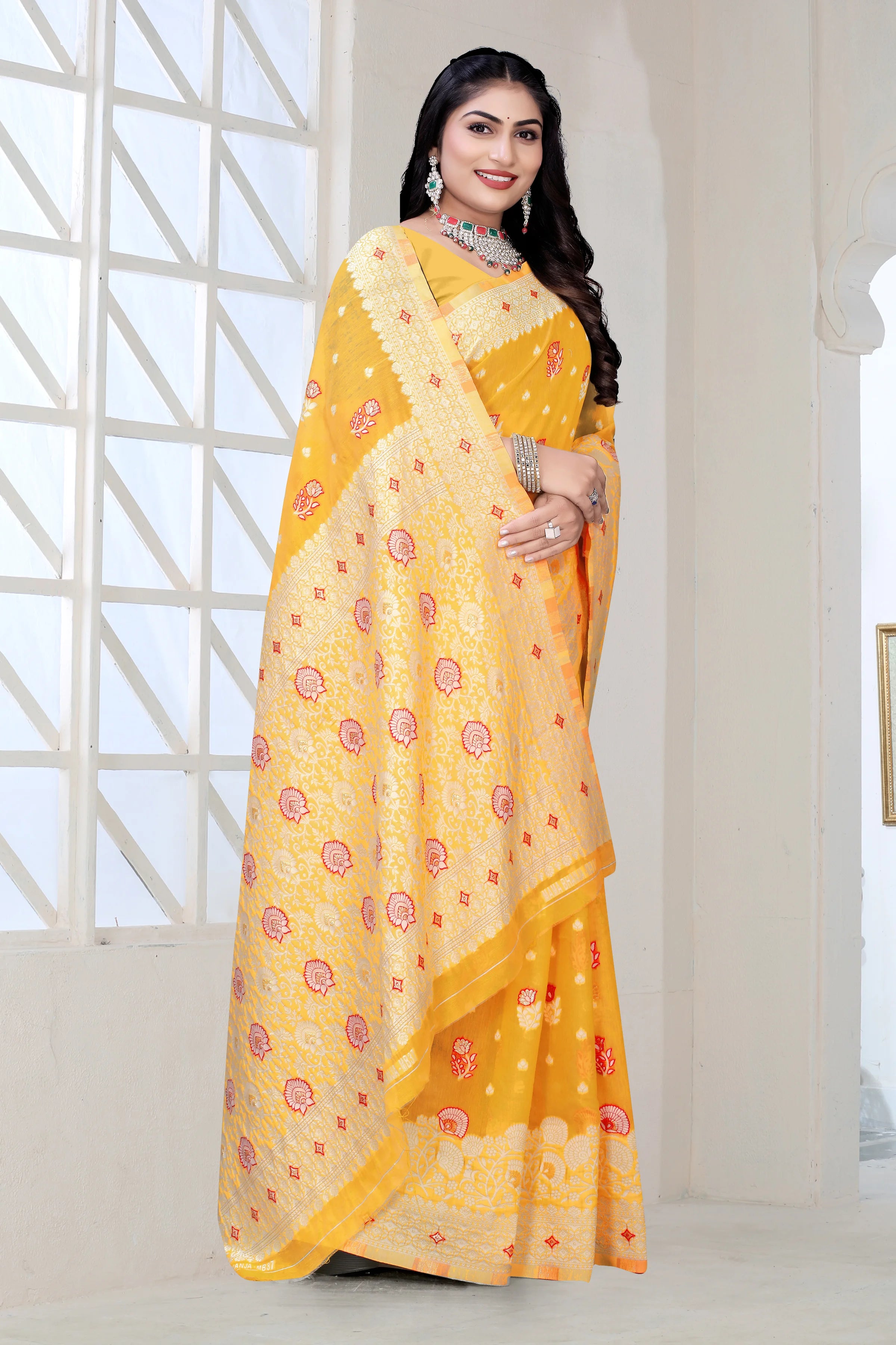 Traditional Linen Cotton Saree with Silver Polka Dots, Floral Border