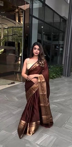 Elegant Maroon Silk Saree with Gold Zari Border, Traditional Indian Wear