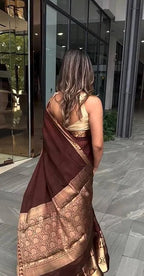 Elegant Maroon Silk Saree with Gold Zari Border, Traditional Indian Wear