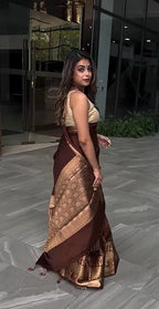 Elegant Maroon Silk Saree with Gold Zari Border, Traditional Indian Wear