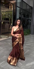 Elegant Maroon Silk Saree with Gold Zari Border, Traditional Indian Wear