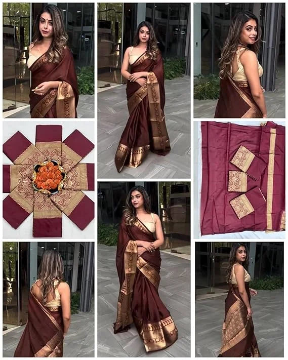 Elegant Maroon Silk Saree with Gold Zari Border, Traditional Indian Wear