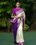 Kanchipuram Silk Saree, White and Purple with Gold Zari Border