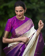 Kanchipuram Silk Saree, White and Purple with Gold Zari Border