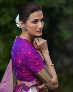 Kanchipuram Silk Saree, White and Purple with Gold Zari Border