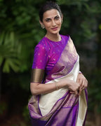 Kanchipuram Silk Saree, White and Purple with Gold Zari Border