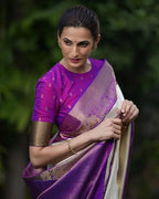 Kanchipuram Silk Saree, White and Purple with Gold Zari Border