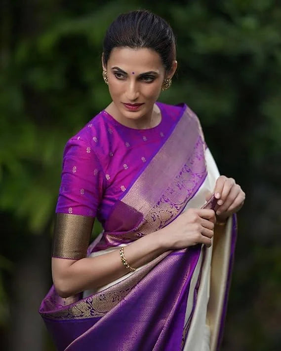 Kanchipuram Silk Saree, White and Purple with Gold Zari Border