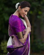 Kanchipuram Silk Saree, White and Purple with Gold Zari Border