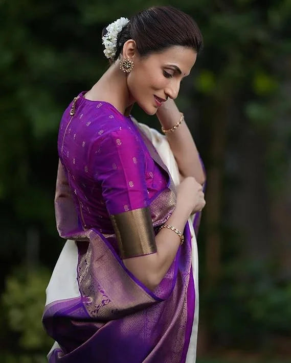 Kanchipuram Silk Saree, White and Purple with Gold Zari Border