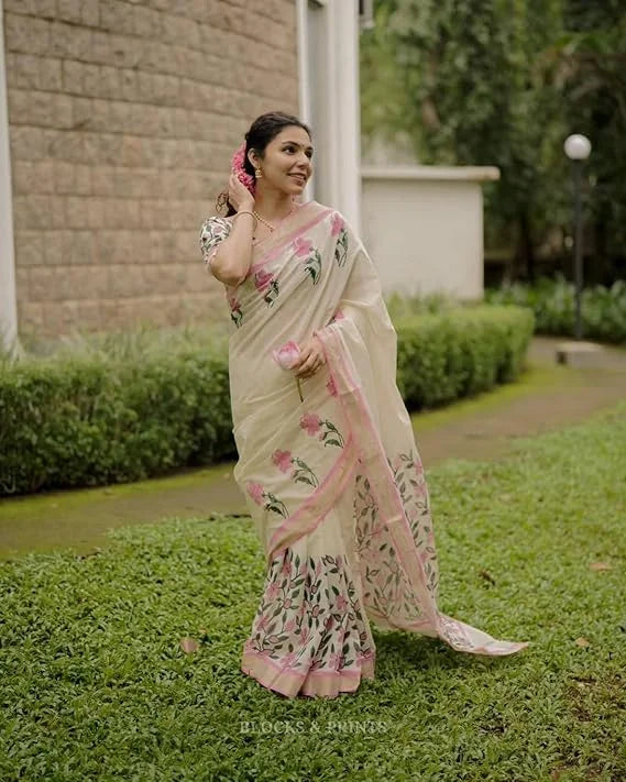 Digital Printed Women's Linen Cotton Saree, Off-White with Pink Floral Print, Traditional Border