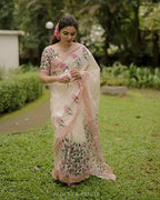 Digital Printed Women's Linen Cotton Saree, Off-White with Pink Floral Print, Traditional Border