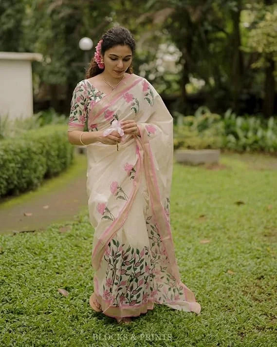 Digital Printed Women's Linen Cotton Saree, Off-White with Pink Floral Print, Traditional Border