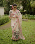 Digital Printed Women's Linen Cotton Saree, Off-White with Pink Floral Print, Traditional Border