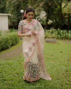 Digital Printed Women's Linen Cotton Saree, Off-White with Pink Floral Print, Traditional Border