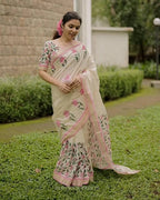 Digital Printed Women's Linen Cotton Saree, Off-White with Pink Floral Print, Traditional Border
