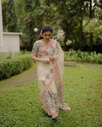 Digital Printed Women's Linen Cotton Saree, Off-White with Pink Floral Print, Traditional Border