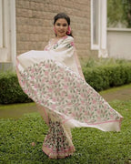 Digital Printed Women's Linen Cotton Saree, Off-White with Pink Floral Print, Traditional Border