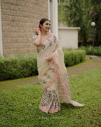Digital Printed Women's Linen Cotton Saree, Off-White with Pink Floral Print, Traditional Border