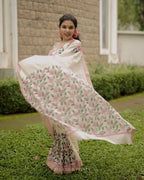 Digital Printed Women's Linen Cotton Saree, Off-White with Pink Floral Print, Traditional Border