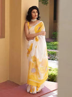 Digital Printed Linen Cotton White With Yellow Floral Print Saree