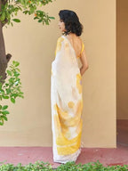 Digital Printed Linen Cotton White With Yellow Floral Print Saree