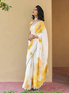 Digital Printed Linen Cotton White With Yellow Floral Print Saree